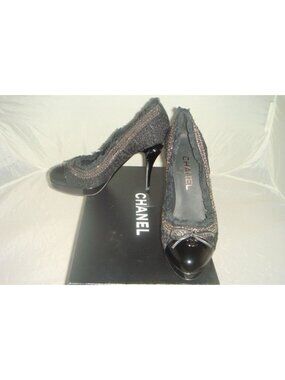 Chanel Black Tweedy Platform Heels CC Logo Women’s Size 41 New in Box